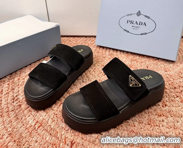 Grade Quality Prada Suede Leather Band Platform Slides Sandals 6051004 Black