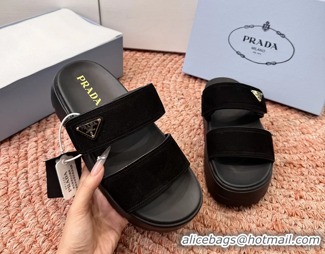 Grade Quality Prada Suede Leather Band Platform Slides Sandals 6051004 Black