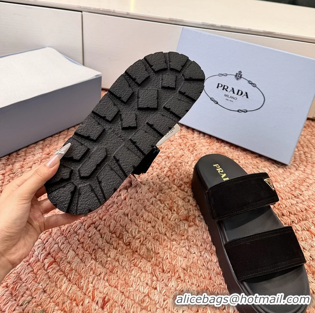 Grade Quality Prada Suede Leather Band Platform Slides Sandals 6051004 Black