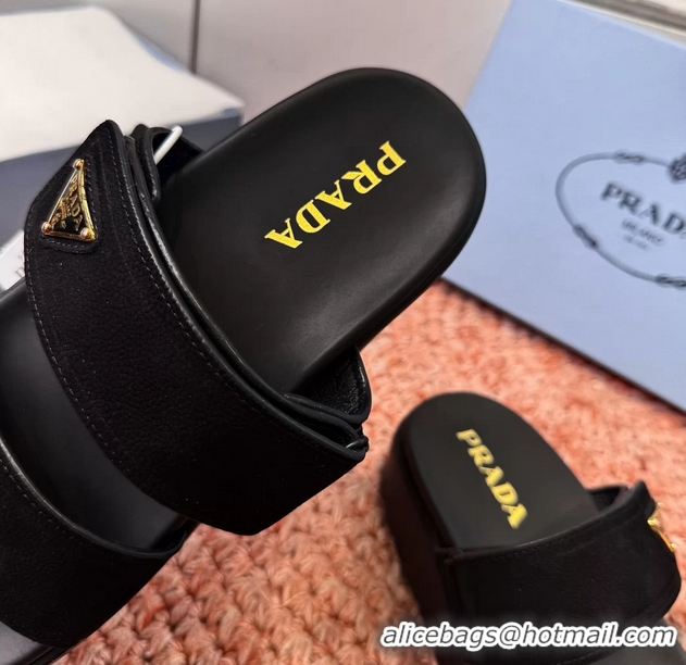 Grade Quality Prada Suede Leather Band Platform Slides Sandals 6051004 Black