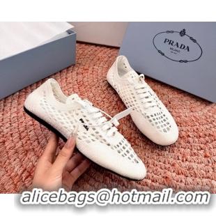 Luxurious Prada Crochet Knit Ballet Flat Sneakers 6051005 White