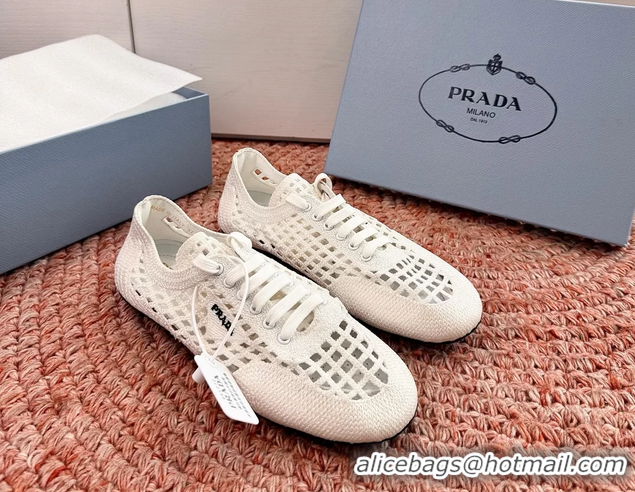 Luxurious Prada Crochet Knit Ballet Flat Sneakers 6051005 White