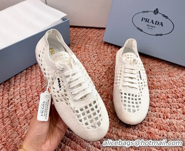 Luxurious Prada Crochet Knit Ballet Flat Sneakers 6051005 White