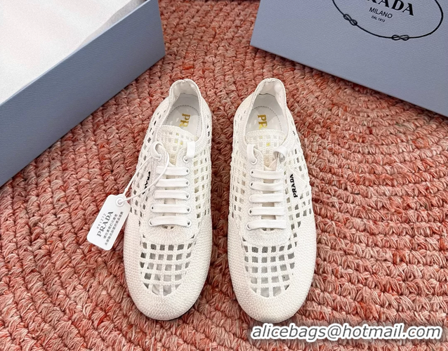 Luxurious Prada Crochet Knit Ballet Flat Sneakers 6051005 White