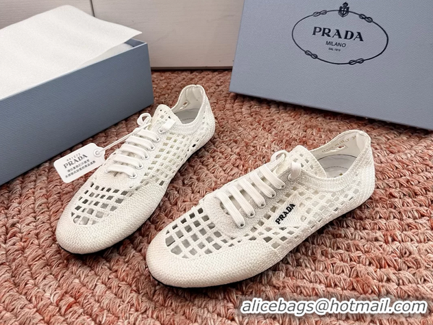 Luxurious Prada Crochet Knit Ballet Flat Sneakers 6051005 White