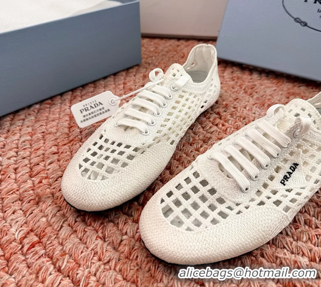 Luxurious Prada Crochet Knit Ballet Flat Sneakers 6051005 White