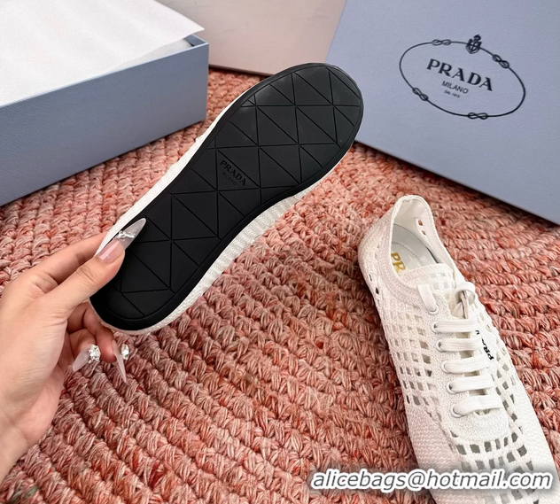 Luxurious Prada Crochet Knit Ballet Flat Sneakers 6051005 White