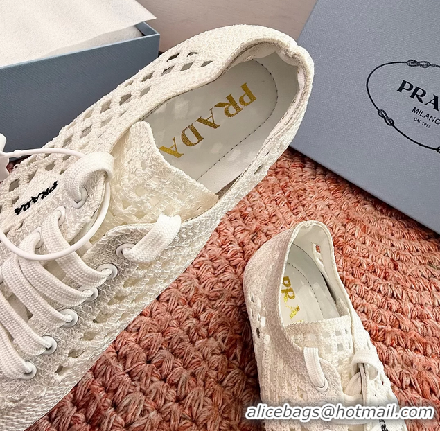 Luxurious Prada Crochet Knit Ballet Flat Sneakers 6051005 White