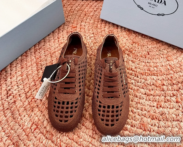 Feminine Prada Crochet Knit Ballet Flat Sneakers 6051005 Brown