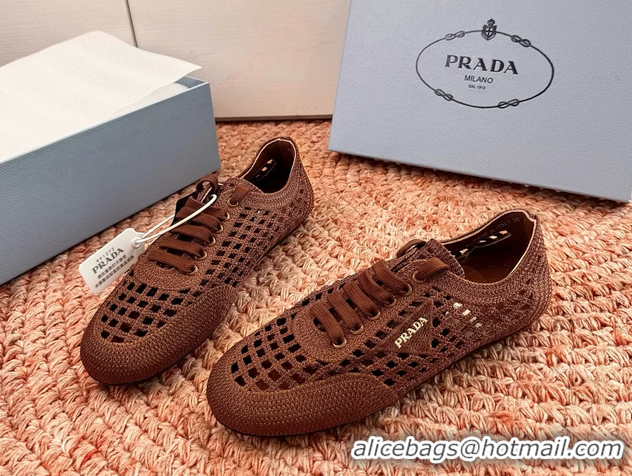 Feminine Prada Crochet Knit Ballet Flat Sneakers 6051005 Brown