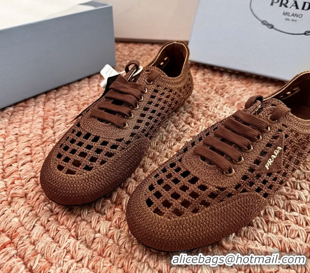 Feminine Prada Crochet Knit Ballet Flat Sneakers 6051005 Brown