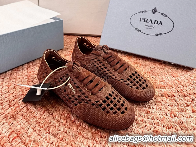 Feminine Prada Crochet Knit Ballet Flat Sneakers 6051005 Brown