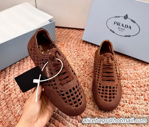 Feminine Prada Crochet Knit Ballet Flat Sneakers 6051005 Brown
