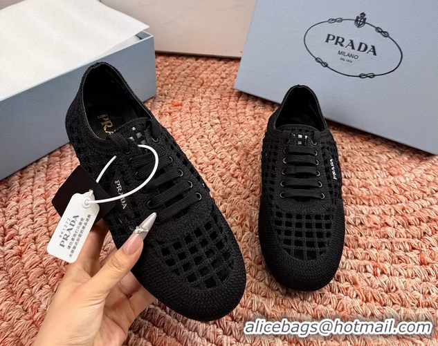 Hot Style Prada Crochet Knit Ballet Flat Sneakers 6051005 Black