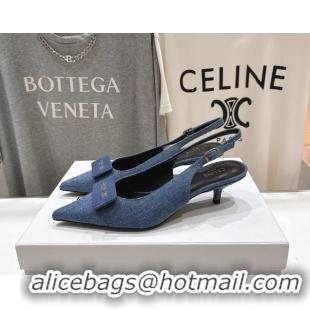 Low Price Celine Signature Slingback Pumps with Label Blue Denim Fabric 45MM 6051101 Blue 