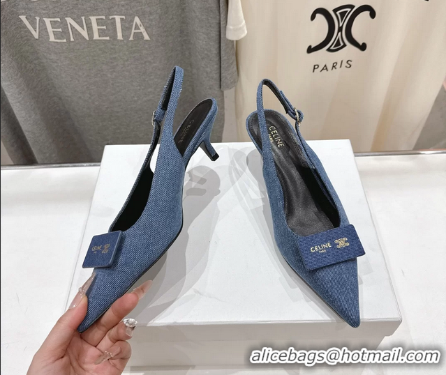 Low Price Celine Signature Slingback Pumps with Label Blue Denim Fabric 45MM 6051101 Blue 