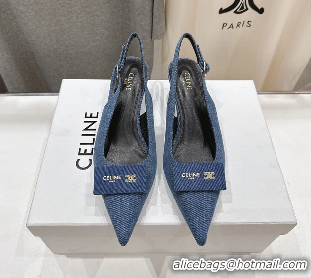Low Price Celine Signature Slingback Pumps with Label Blue Denim Fabric 45MM 6051101 Blue 