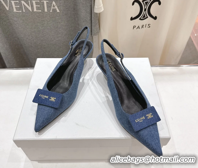 Low Price Celine Signature Slingback Pumps with Label Blue Denim Fabric 45MM 6051101 Blue 