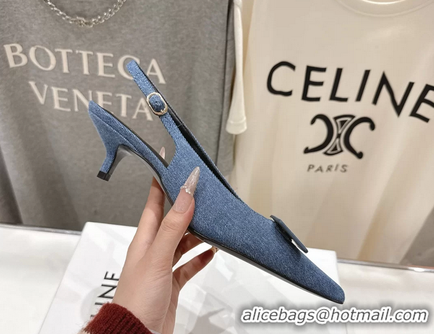 Low Price Celine Signature Slingback Pumps with Label Blue Denim Fabric 45MM 6051101 Blue 
