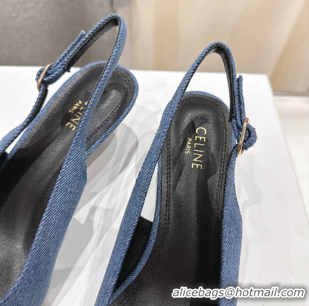 Low Price Celine Signature Slingback Pumps with Label Blue Denim Fabric 45MM 6051101 Blue 