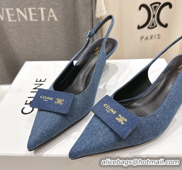Low Price Celine Signature Slingback Pumps with Label Blue Denim Fabric 45MM 6051101 Blue 