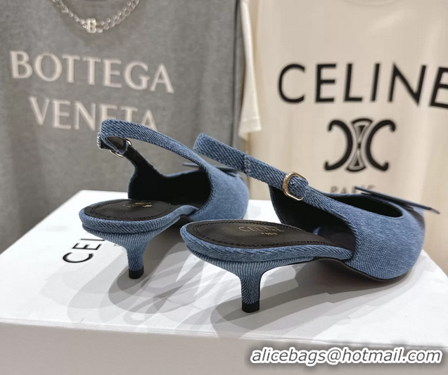 Low Price Celine Signature Slingback Pumps with Label Blue Denim Fabric 45MM 6051101 Blue 