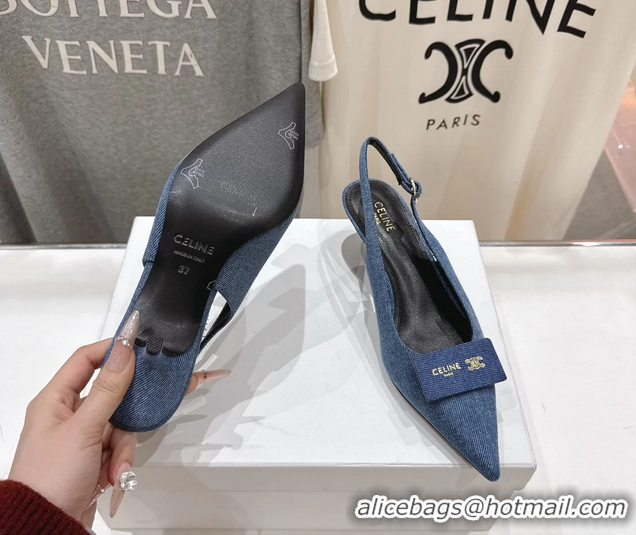 Low Price Celine Signature Slingback Pumps with Label Blue Denim Fabric 45MM 6051101 Blue 
