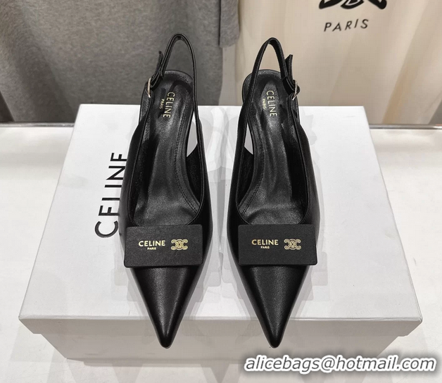 Cheap Price Celine Signature Slingback Pumps with Label Black Calfskin Leather 45MM 6051101 Black