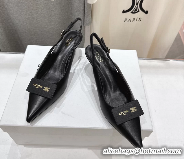Cheap Price Celine Signature Slingback Pumps with Label Black Calfskin Leather 45MM 6051101 Black
