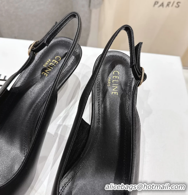 Cheap Price Celine Signature Slingback Pumps with Label Black Calfskin Leather 45MM 6051101 Black