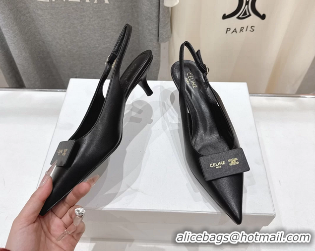 Cheap Price Celine Signature Slingback Pumps with Label Black Calfskin Leather 45MM 6051101 Black