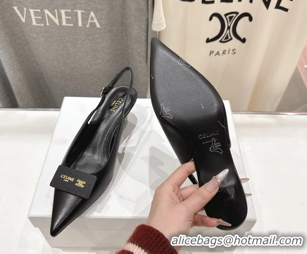 Cheap Price Celine Signature Slingback Pumps with Label Black Calfskin Leather 45MM 6051101 Black