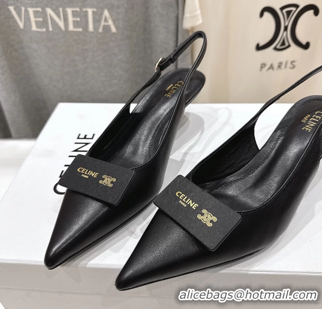 Cheap Price Celine Signature Slingback Pumps with Label Black Calfskin Leather 45MM 6051101 Black
