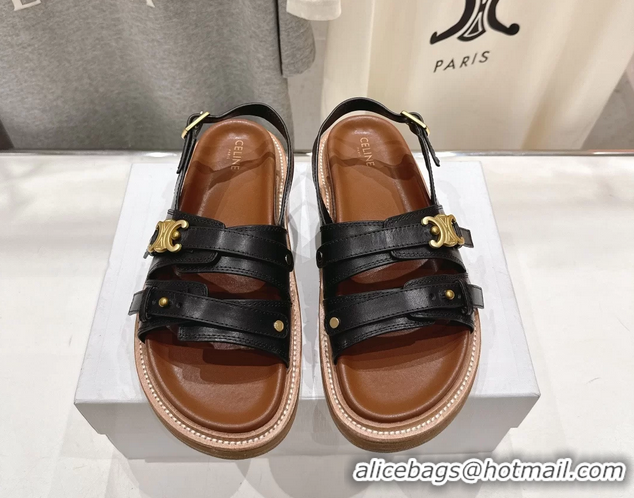 Big Discount Celine Tippi Triomphe Slingback Sandals Black Calfskin Leather 6051102 Black