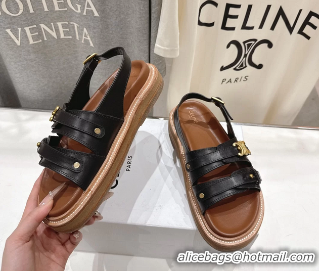 Big Discount Celine Tippi Triomphe Slingback Sandals Black Calfskin Leather 6051102 Black