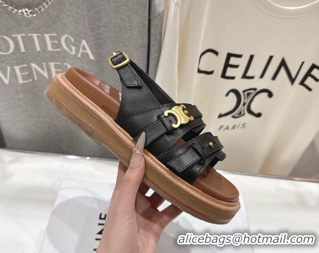 Big Discount Celine Tippi Triomphe Slingback Sandals Black Calfskin Leather 6051102 Black