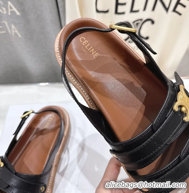 Big Discount Celine Tippi Triomphe Slingback Sandals Black Calfskin Leather 6051102 Black