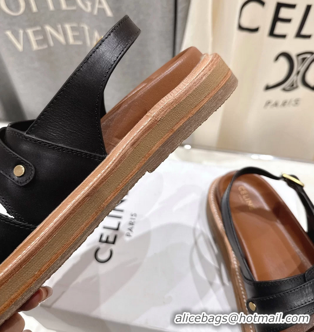 Big Discount Celine Tippi Triomphe Slingback Sandals Black Calfskin Leather 6051102 Black