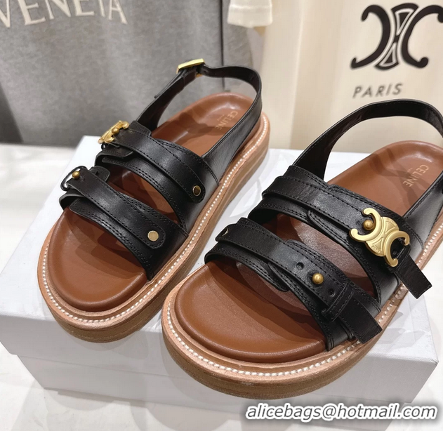 Big Discount Celine Tippi Triomphe Slingback Sandals Black Calfskin Leather 6051102 Black