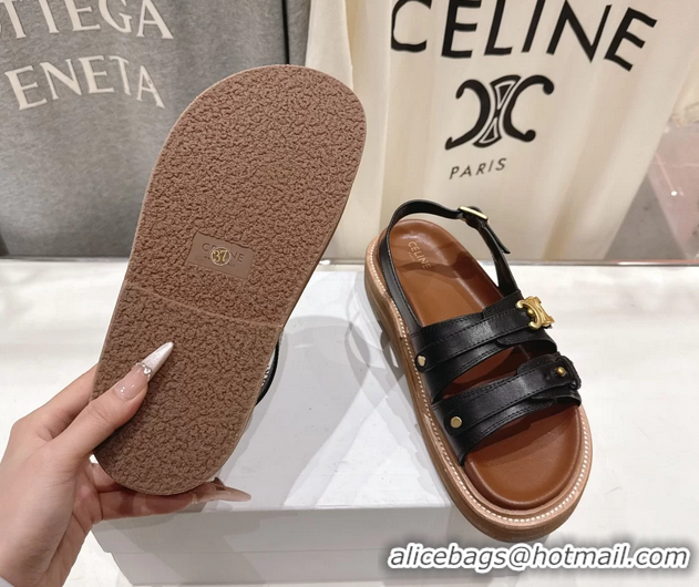 Big Discount Celine Tippi Triomphe Slingback Sandals Black Calfskin Leather 6051102 Black