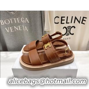 Luxurious Celine Lympia Triomphe Slingback Sandals Brown Calfskin Leather 6051103 Brown
