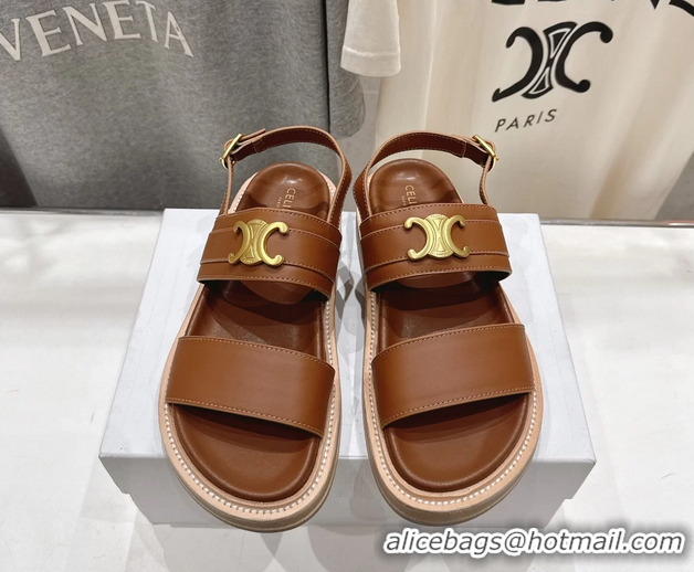 Luxurious Celine Lympia Triomphe Slingback Sandals Brown Calfskin Leather 6051103 Brown