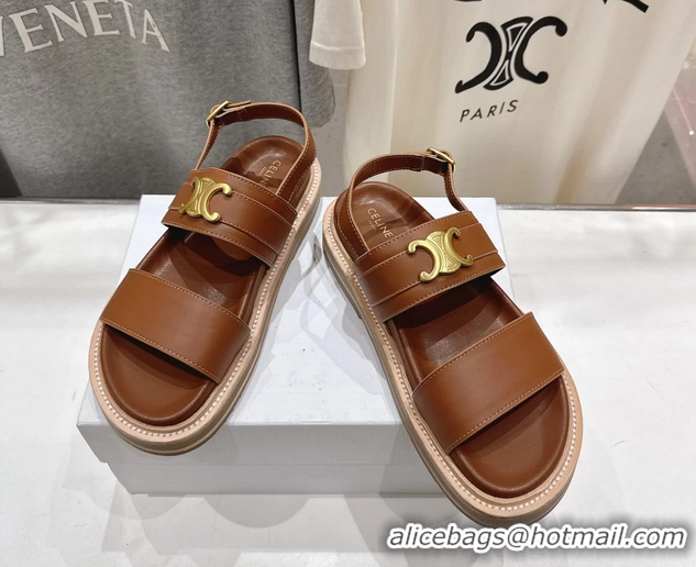 Luxurious Celine Lympia Triomphe Slingback Sandals Brown Calfskin Leather 6051103 Brown