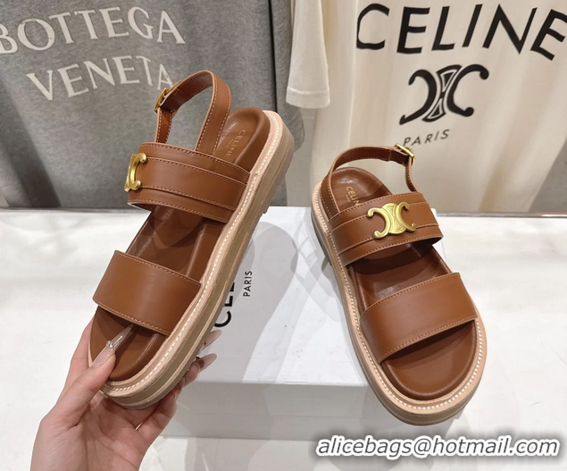 Luxurious Celine Lympia Triomphe Slingback Sandals Brown Calfskin Leather 6051103 Brown