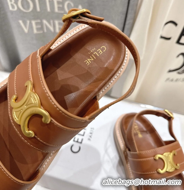 Luxurious Celine Lympia Triomphe Slingback Sandals Brown Calfskin Leather 6051103 Brown