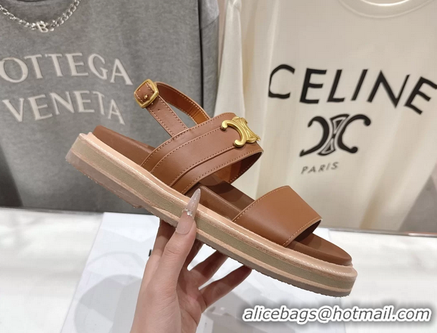 Luxurious Celine Lympia Triomphe Slingback Sandals Brown Calfskin Leather 6051103 Brown