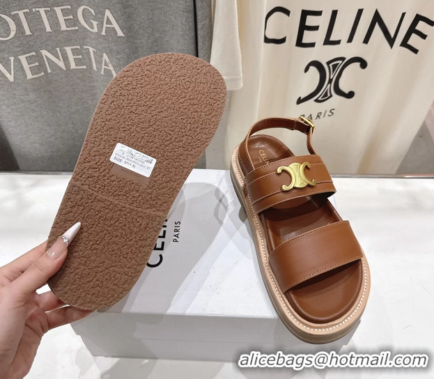Luxurious Celine Lympia Triomphe Slingback Sandals Brown Calfskin Leather 6051103 Brown