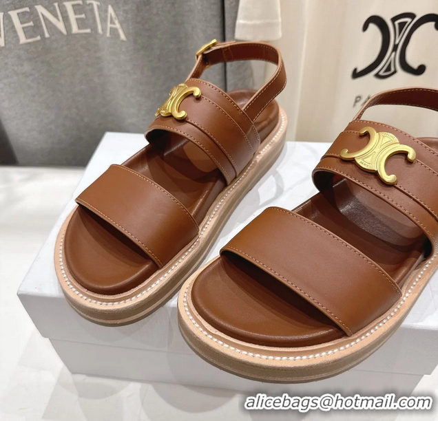 Luxurious Celine Lympia Triomphe Slingback Sandals Brown Calfskin Leather 6051103 Brown