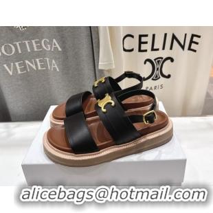 Good Looking Celine Lympia Triomphe Slingback Sandals Black Calfskin Leather 6051103 Black