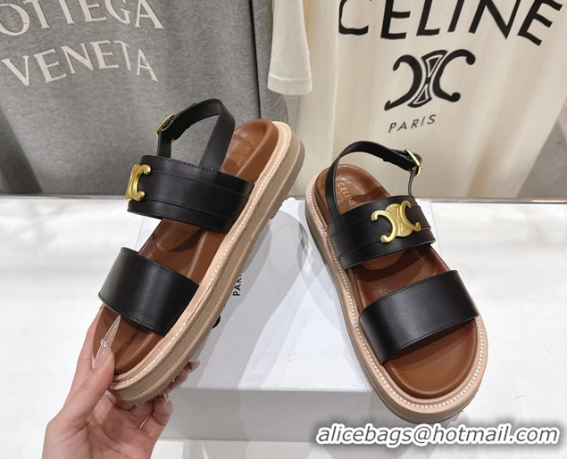 Good Looking Celine Lympia Triomphe Slingback Sandals Black Calfskin Leather 6051103 Black